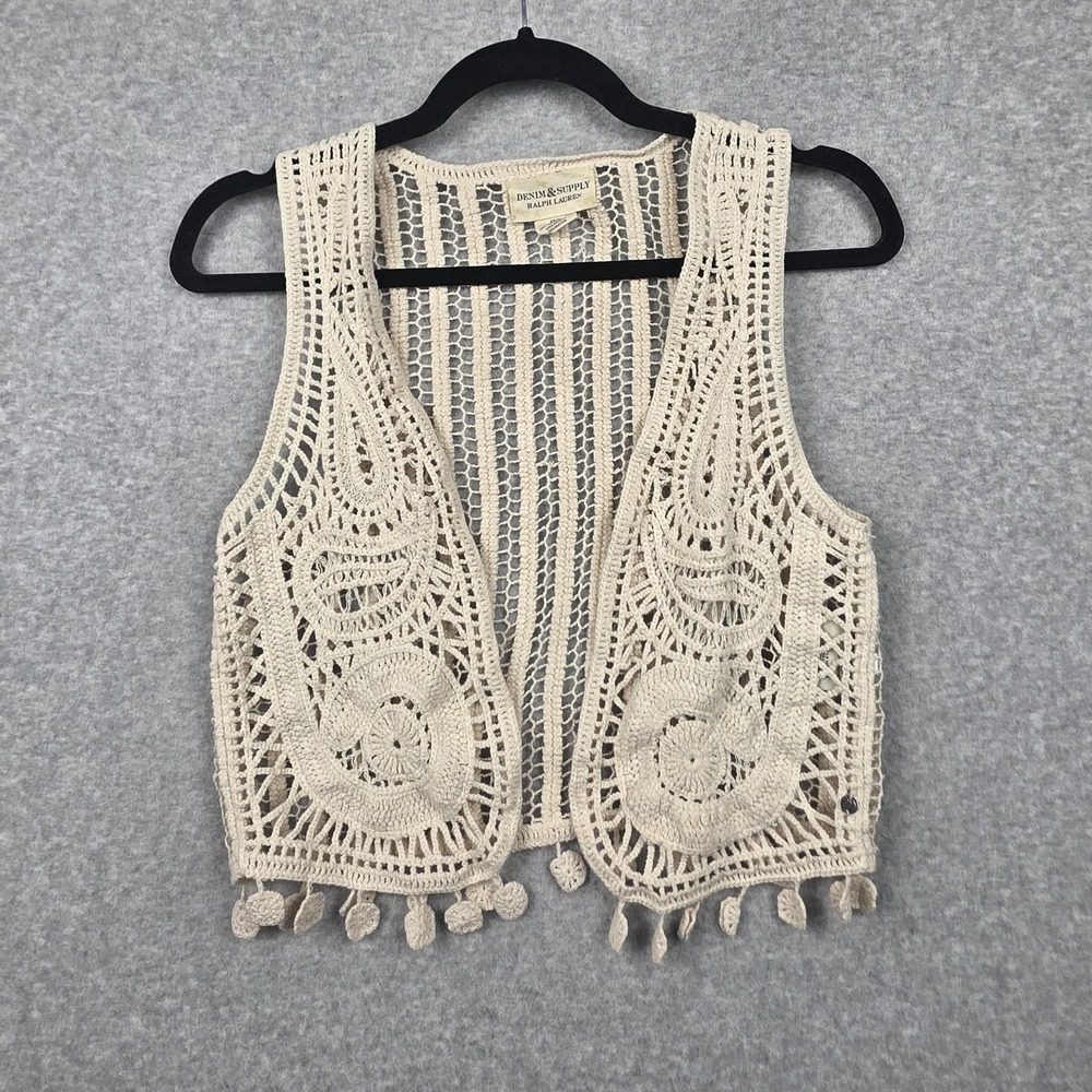 Denim & Supply Ralph Lauren Sweater Vest Womens XS White Crochet Open Knit Boho